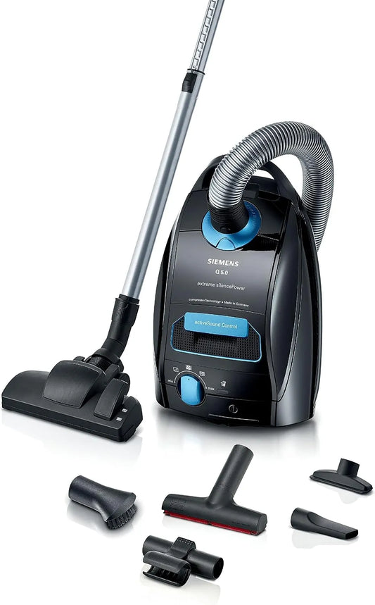 Siemens, Stofzuiger, Q5.0, VSQ5X500, 650 W, sterk zuigvermogen, lange kabel, hygiënefilter, XXL-stofferingsmondstuk, zwart