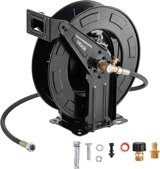 Hogedrukreiniger, 15,2 m x 1 cm intrekbare krachtige, 4000PSI Max, zware stalen wasslanghaspel, automatisch terugwikkelen, flexibele