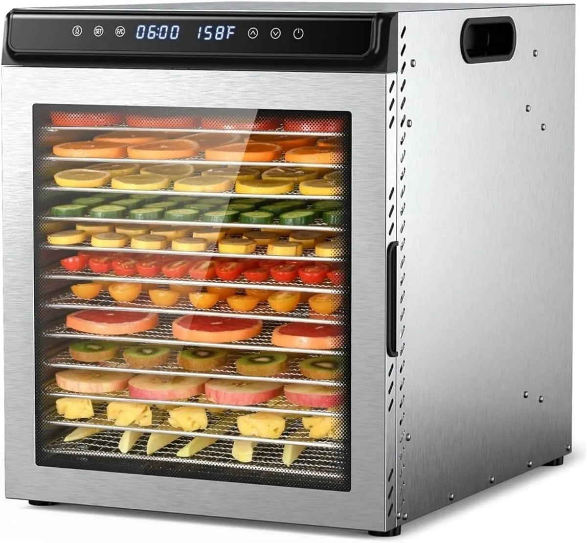 Droger met 1300 W, 30 minuten, 35°C, 75°C, 11,8 inch, digitaal display, regelbare thermostaat en RVS