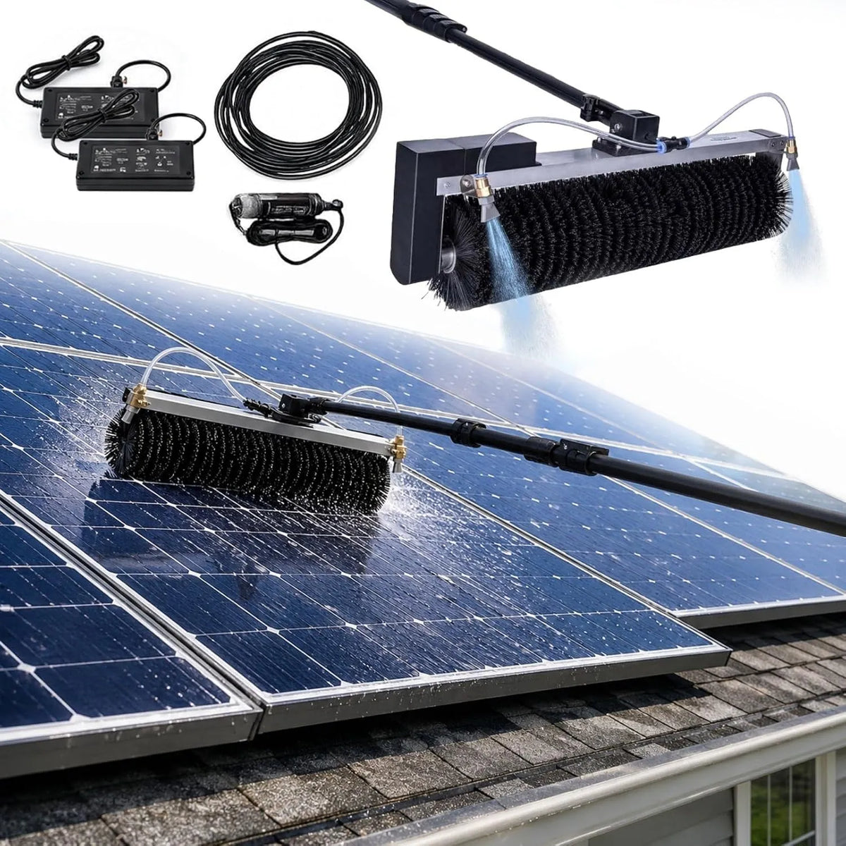 Elektrische reinigingsborstel voor zonnepaneel, 150 W borstelloze motor, aluminium telescoopstang, reiniging 5,5 m