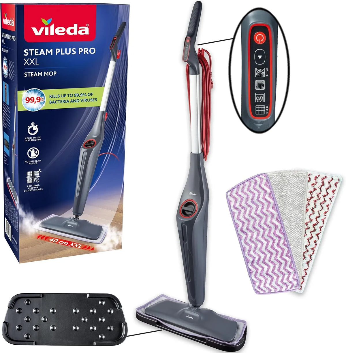 Stoomreiniger, met 4 stoominstellingen, Vileda Steam Plus Pro XXL stoomreiniger, voor delicate vloeren, opbergplateau inbegrepen, tot 99% van de
