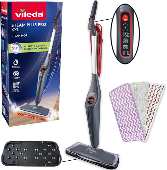 Stoomreiniger, met 4 stoominstellingen, Vileda Steam Plus Pro XXL stoomreiniger, voor delicate vloeren, opbergplateau inbegrepen, tot 99% van de