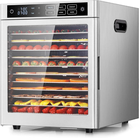 Droger met 800 W, 28 x 30 cm, 0-24 uur, 30-85 °C, 45 dB, regelbare thermostaat, geluidsarme werking en RVS