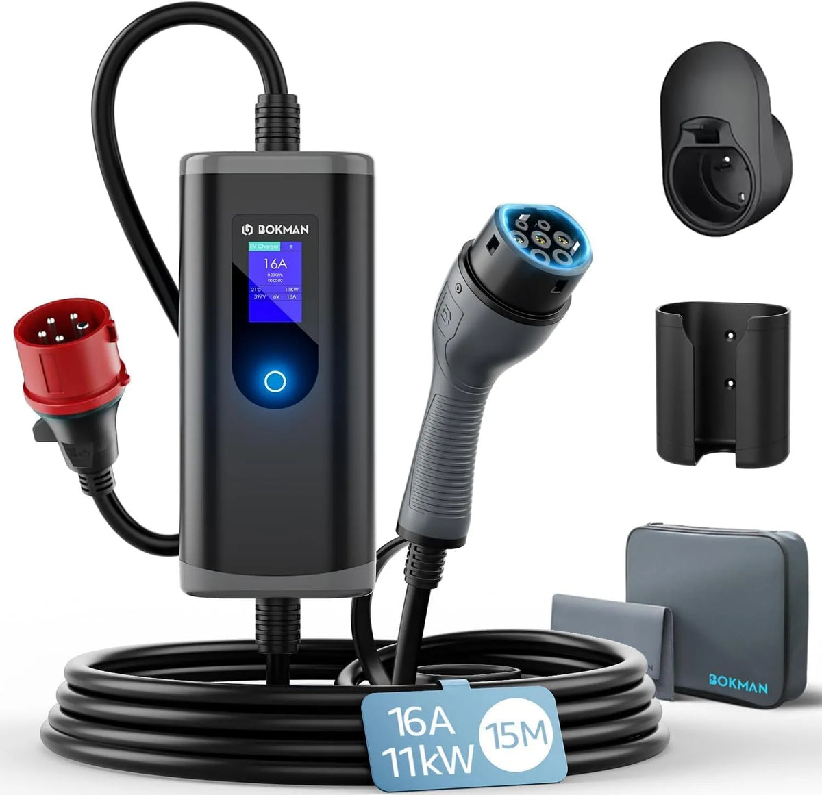 Lader, bokman Mobile, 16 A, type 2 oplaadkabel met CEE-stekker en adapterkabel 15 meter, 3-fasen, IP65 waterdicht, draagbare EV-oplader voor IEC