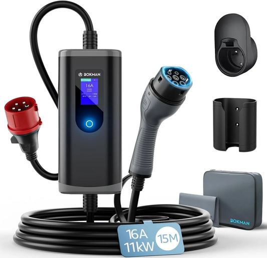 Lader, bokman Mobile, 16 A, type 2 oplaadkabel met CEE-stekker en adapterkabel 15 meter, 3-fasen, IP65 waterdicht, draagbare EV-oplader voor IEC