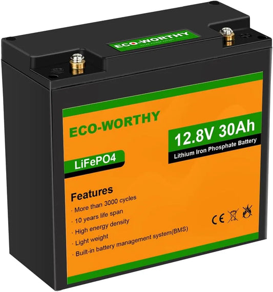 ECO-Worthy LiFePO4-accu 30 Ah 12V met BMS-bescherming en 3000 cycli LiFePO4-accu met 30 Ah, 12V en hogedrukstoom