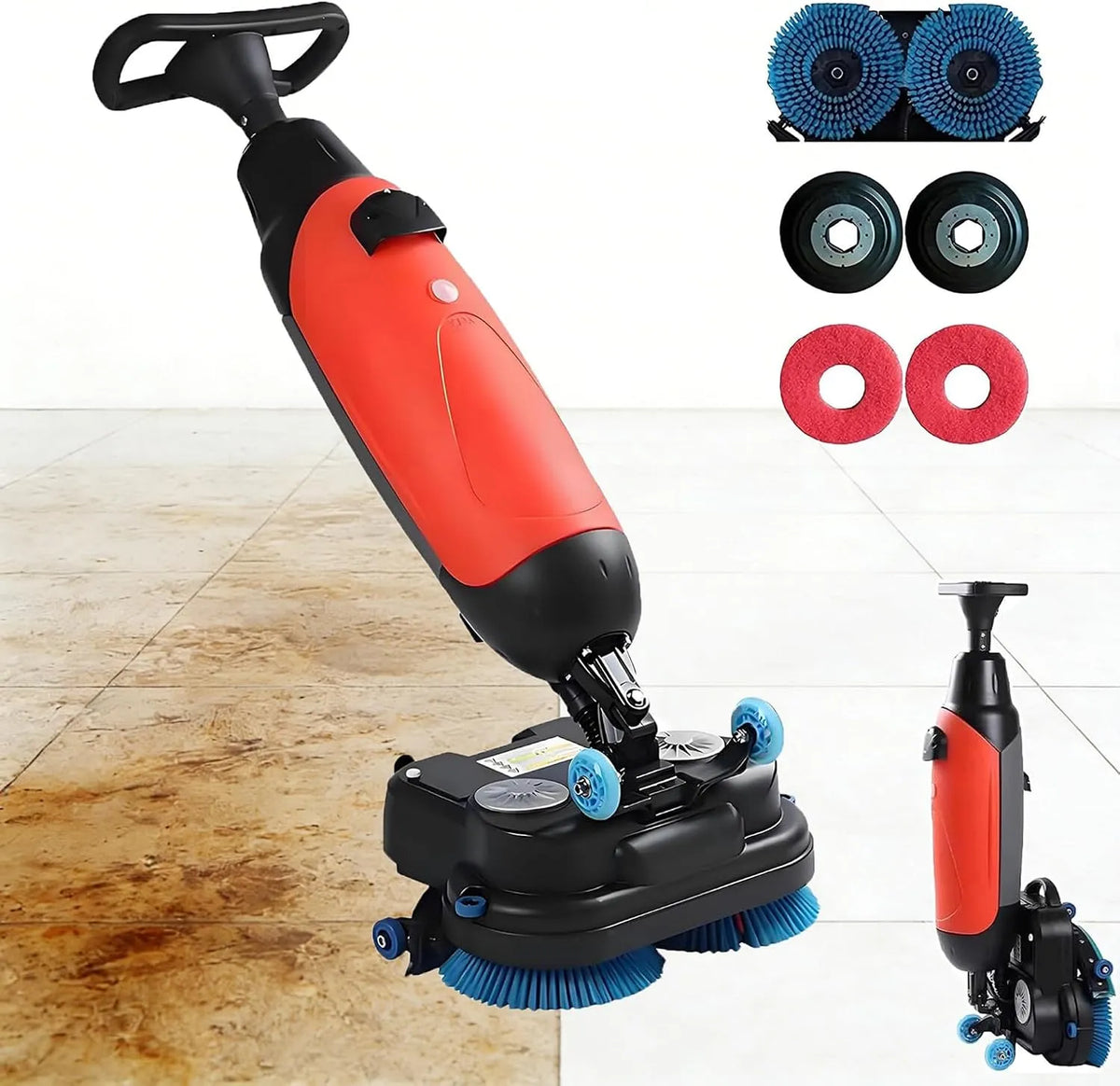 Vloerschrobmachine, 360 ° roterende dubbele borstels, Elektrische vloerschrobber bufferpolijstmachine, commerciële draadloze industriële