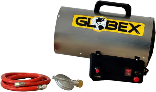 GLOBEX Gas-heteluchtgenerator, GLOBEX Gas-heteluchtgenerator, RVS, hittebestendig, compleet met slang en regelaar, compact formaat en gering gewicht