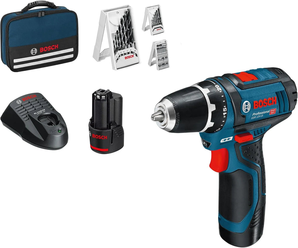 Lader, Bosch Professional, 2,0 Ah, 39-dlg. accessoireset, oplader, tas, Amazon Exclusive-set, 12V